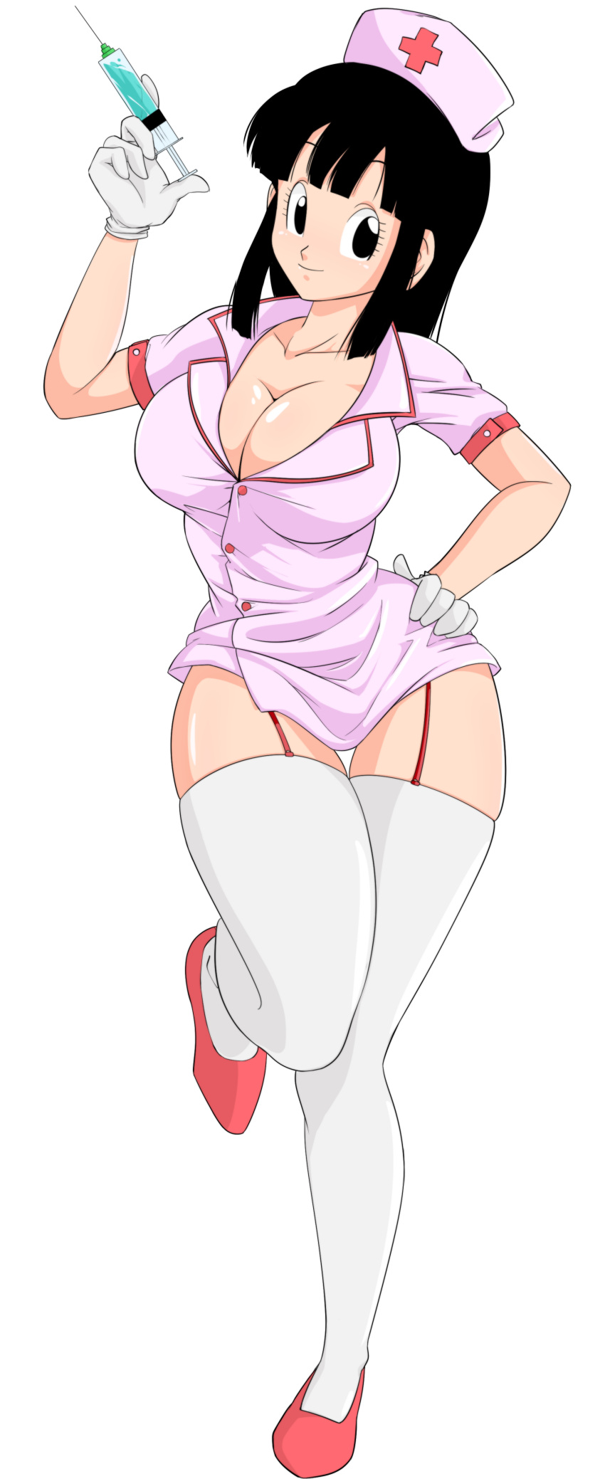 1girls alpha_channel black_eyes black_hair breasts caisama chichi cleavage dragon_ball for_sticker_use huge_breasts milf no_background nurse nurse_cap nurse_uniform png shounen_jump sticker_template syringe thick_thighs transparent_background transparent_png wide_hips