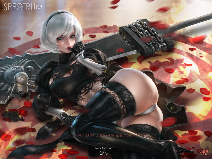 1girls ass big_breasts blue_eyes breasts cleavage female fishnet lace lace-trimmed_thighhighs laying_down looking_at_viewer nier nier:_automata nier_(series) pantyshot pinup realistic seductive tagme thick_thighs thigh_boots thighhighs thighs white_hair yam_spectrum yorha_2b