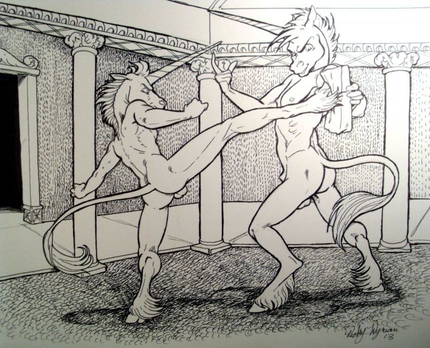 2013 5_fingers ancient_greece ancient_rome animal_genitalia anthro ass balls barely_visible_genitalia casual_nudity censored cobblestone column columns duo equid equine fight fingers fully_sheathed genitals hooves horn ineffective_censorship kick kickboxing larger_male line_art long_horn long_legs male male/male mammal muscular muscular_anthro muscular_male nipples nude pavilion punch sheath signature size_difference smaller_male traditional_media_(artwork) training unicorn unicorn_horn vicky_wyman