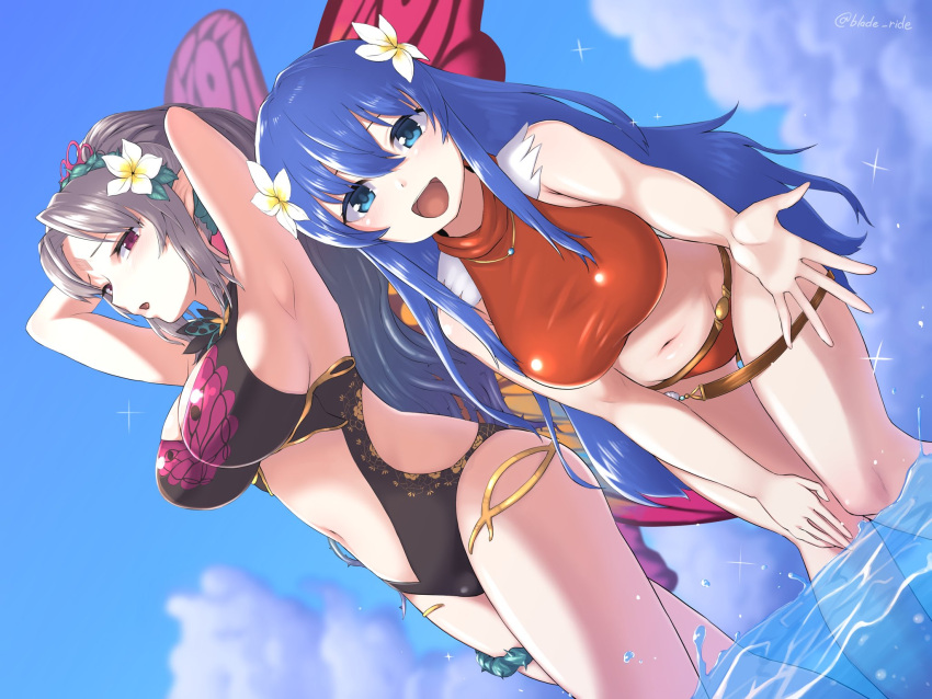 2girls alternate_costume armpits bare_legs bikini black_swimsuit blade_ride blue_eyes blue_hair caeda_(fire_emblem) caeda_(summer)_(fire_emblem) cleavage fairy fairy_wings fire_emblem fire_emblem:_mystery_of_the_emblem fire_emblem:_shadow_dragon_and_the_blade_of_light fire_emblem_heroes grey_hair large_breasts long_hair looking_at_viewer multicolored_hair nintendo one-piece_swimsuit open_mouth open_smile partially_submerged plumeria_(fire_emblem) plumeria_(summer)_(fire_emblem) ponytail reaching_out red_bikini red_swimsuit smile swimsuit very_long_hair violet_eyes