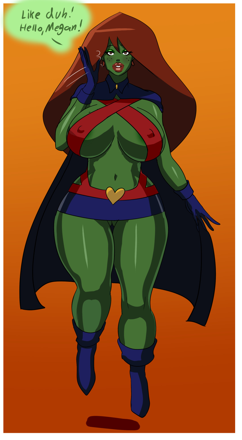 1girls alien alien_girl annon bimbo breasts cape dc dc_comics eyeshadow freckles green_skin huge_breasts lipstick long_hair looking_at_viewer makeup megan_morse miss_martian nipple_bulge red_hair skimpy slap solo speech_bubble text thick_lips thick_thighs voluptuous wide_hips young_justice