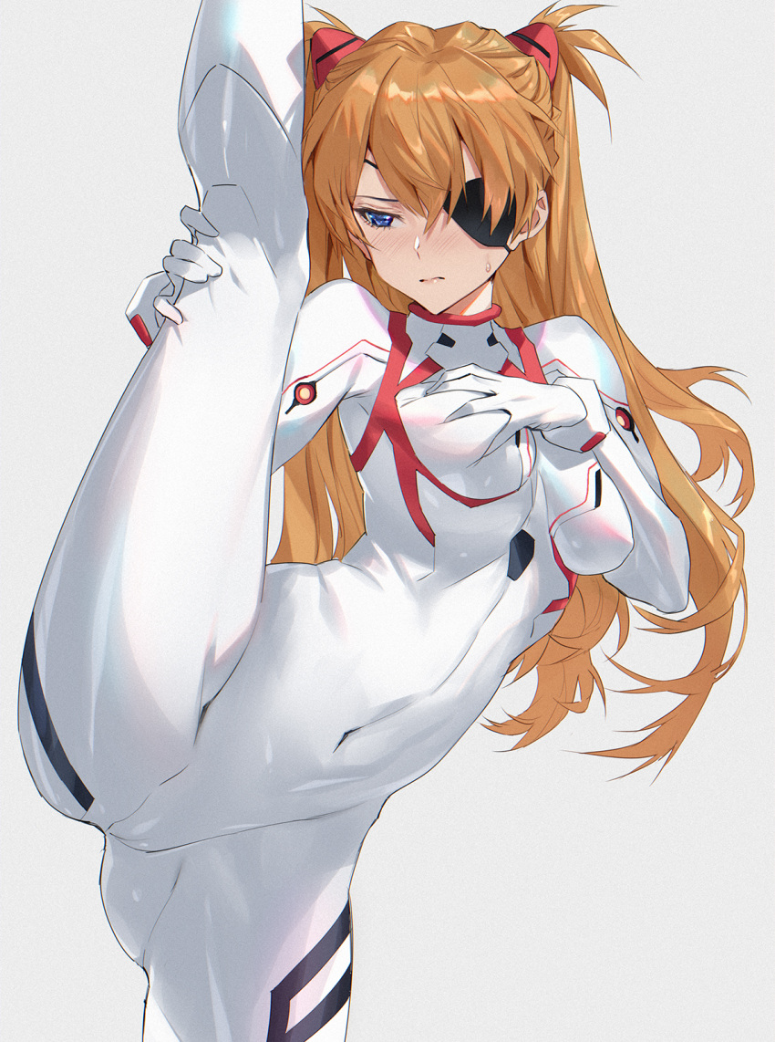 ass asuka_langley_sohryu bangs blue_bodysuit blue_eyes blush bodysuit breast_grab breasts cameltoe closed_mouth clothing commentary_request covered_navel curvy embarrassed eyepatch female flexible grabbing grey_background hair_ornament highres interface_headset leg_up lips long_sleeves medium_breasts mhk_(mechamania) neon_genesis_evangelion orange_hair plugsuit rebuild_of_evangelion shiny shiny_hair simple_background skin_tight solo splits standing standing_on_one_leg sweat sweatdrop twintails vertical_splits wide_hips