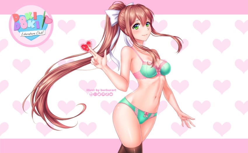 1girls between_fingers black_legwear black_stockings black_thighhighs bow bow_bra bow_panties bra breasts brown_hair burbur doki_doki_literature_club female green_and_pink_bra green_and_pink_panties green_eyes green_lingerie hair_ribbon hairbow heart lingerie long_hair looking_at_viewer medium_breasts monika_(doki_doki_literature_club) panties ponytail ribbon simple_background skinny_girl solo solo_female stockings thighhighs underwear underwear_only very_long_hair white_bow white_ribbon