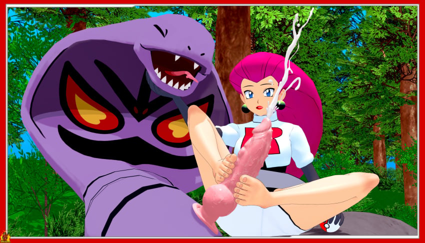 3d animal_genitalia arbok cum cumshot devillord feet foot_fetish footjob jessie_(pokemon) koikatsu nintendo outdoors pokémon_(species) pokeball pokemon pokephilia purple_hair toes