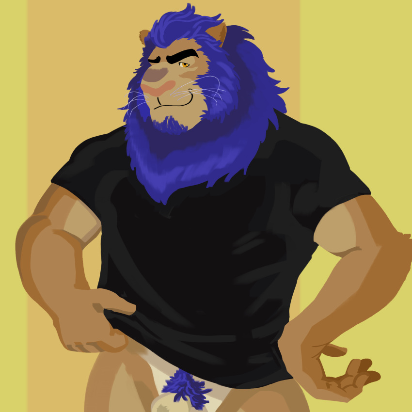 animal_genitalia anthro blue_body blue_fur blue_hair blue_mane body_hair clothed clothing clothing_lift facial_hair felid fur genitals hair happy_trail hi_res lazaro_(lazydoggo) lazydoggo lion looking_at_viewer male mammal mane pantherine partially_clothed shirt shirt_lift solo standing topwear yellow_eyes