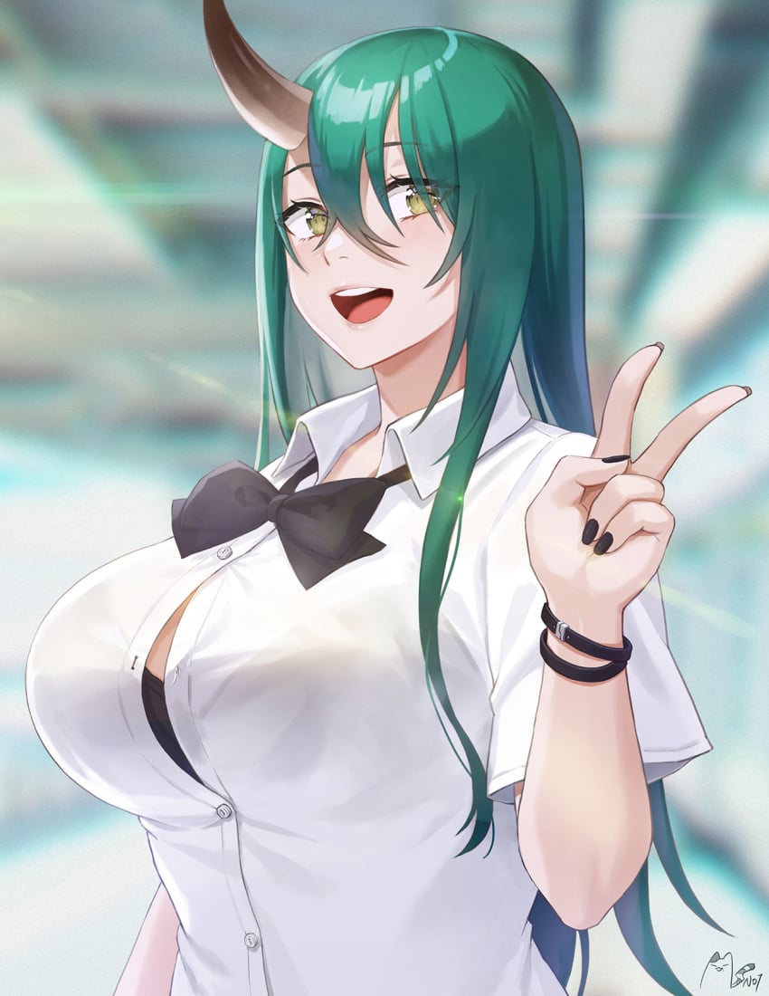 arknights big_breasts black_bra black_nail_polish black_nails bowtie bra bracelet bracelets busty cute green_hair horn hoshiguma_(arknights) huge_breasts long_hair no1 oni painted_nails peace_sign shirt smile smiling tagme white_shirt yellow_fur