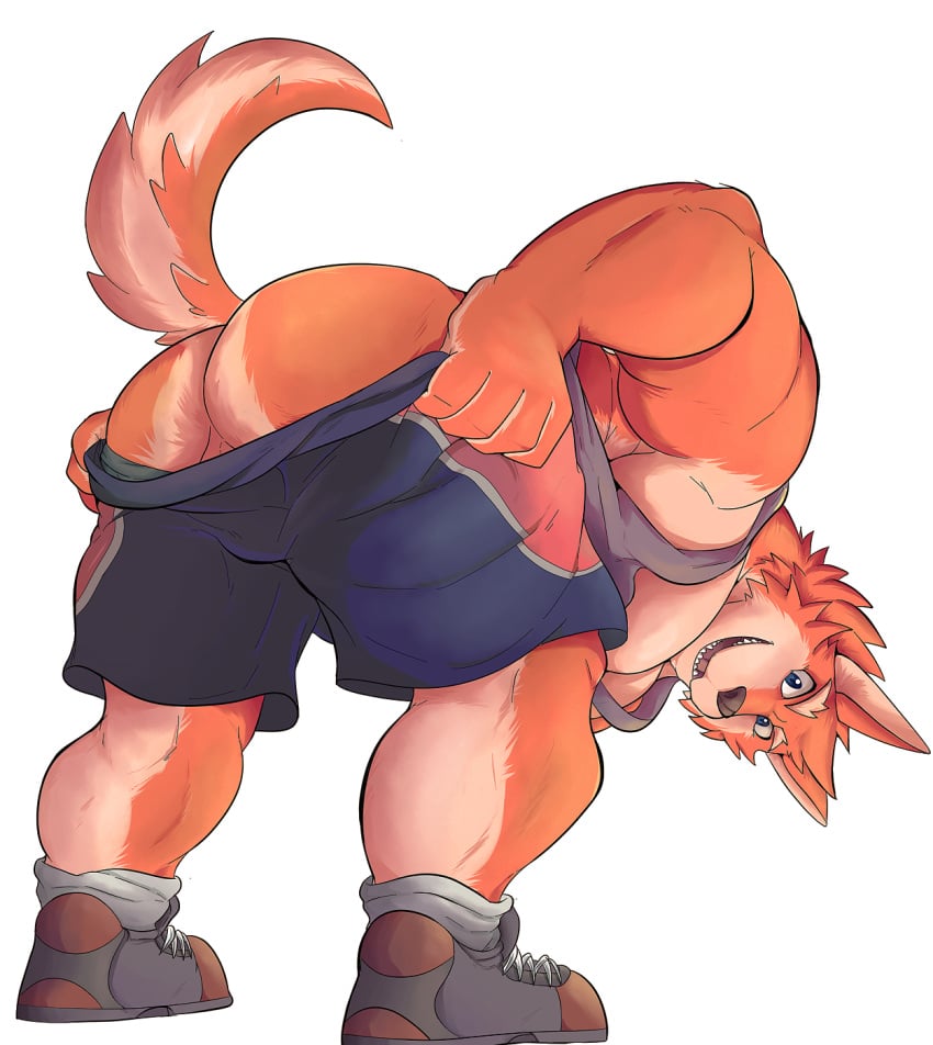 anthro ass blue_eyes bottomwear canid canine canis clothed clothing footwear fur furry grey_clothing grey_shirt grey_topwear hati-skm hi_res male male_only mammal mooning open_mouth open_smile orange_body orange_fur partially_clothed perineum shirt shoes shorts simple_background smile solo solo_male tank_top teeth topwear white_background wolf