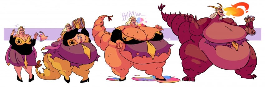 2018 absurd_res barrel bartok_the_magnificent belly big_belly big_breasts blonde_hair breasts cleavage clothed clothing don_bluth dragon dragon_transformation fat female female_only fire hair hi_res horn huge_belly huge_breasts huge_thighs larger_female ludmilla_(bartok) overweight overweight_female purple_body ripping ripping_clothing scalie simple_background size_difference sweatpants_(artist) thick_tail thick_thighs tongue transformation weight_gain wide_hips