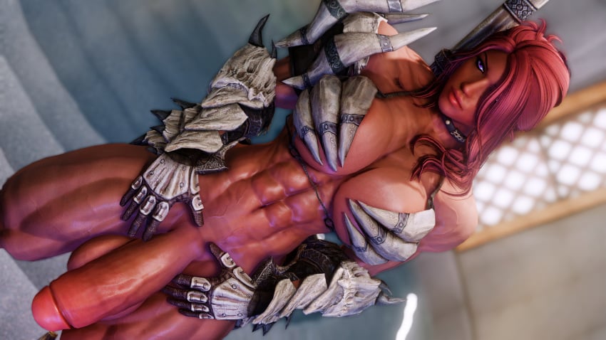 1futa 3d abs balls barbarian big_balls big_breasts big_penis bikini_armor bone_armor bottomless choker dark-skinned_futanari dark_skin futa_only futanari futanariprisoner futaprisoner gauntlets hanging_penis huge_cock long_hair looking_away muscular muscular_futanari muscular_thighs pauldron penis presenting_penis purple_eyes red_hair skyrim standing testicles the_elder_scrolls vein veins veiny_muscles