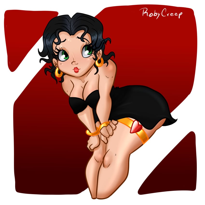 1girls betty_boop betty_boop_(series) big_ass big_breasts big_butt black_dress black_hair breasts dress female female_only flapper gradient_background green_eyes human legwear pale_skin red_background red_lipstick roby_creep solo talkartoons thick_thighs thighhighs thighs white_background wristwear