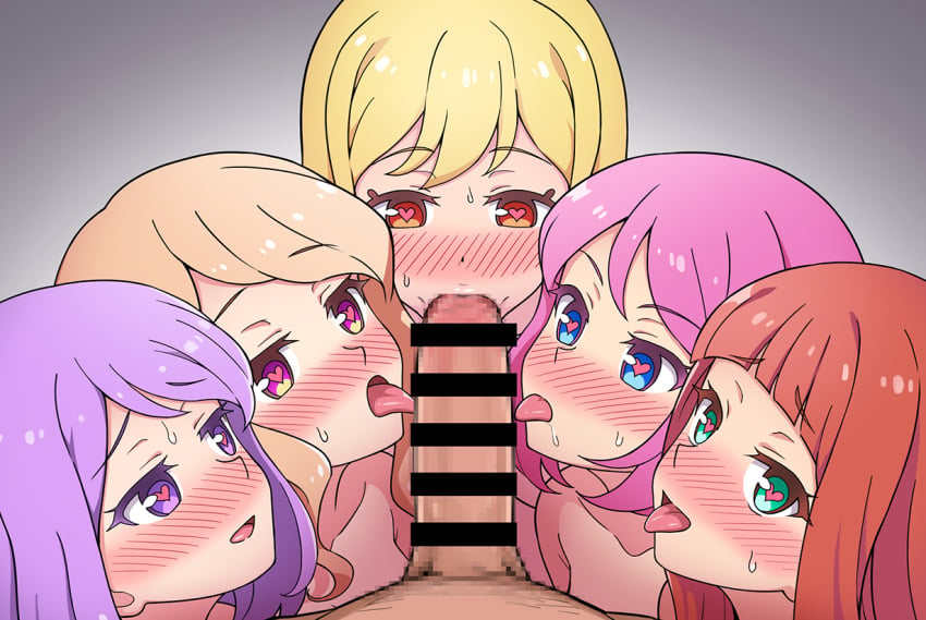 1boy 5girls :>= aikatsu!_(series) aikatsu_stars! blonde_hair blue_eyes blush censored close-up collaborative_fellatio collarbone erection fellatio from_above gradient gradient_background green_eyes grey_background group_sex hair_down heart heart-shaped_pupils kasumi_mahiru licking licking_penis light_brown_hair looking_at_penis looking_at_viewer male_pubic_hair mosaic_censoring multicolored multicolored_eyes multiple_fellatio multiple_girls nanakura_koharu nijino_yume nose_blush nude oral orange_eyes orange_hair out_of_frame penis penis_awe pink_eyes pink_hair pov pubic_hair purple_eyes purple_hair sakuraba_rola saliva saotome_ako simple_background smile straight sweat symbol-shaped_pupils teamwork tongue tongue_out upper_body yellow_eyes yoban