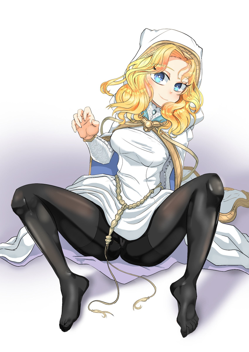 1girls big_breasts blonde_hair blue_eyes fire_emblem fire_emblem:_the_sacred_stones leggings long_hair looking_at_viewer natasha_(fire_emblem) nintendo pantyhose partially_visible_vulva simple_background sitting smile solo solo_female spread_legs the_land_druid wavy_hair white_background