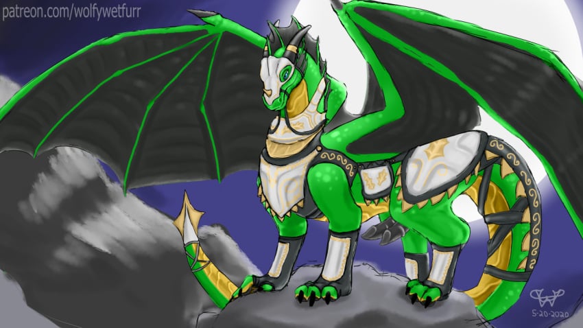 1boy akeroh armor bed belly black_claws black_fin black_horn black_wings blue_eyes claws curved_horn digital_media_(artwork) digitigrade diphallia diphallism dragon feral fin furniture genitals green_body green_scales horn male male_focus male_only membrane_(anatomy) membranous_wings multi_penis multicolored_body paws penis scales solo solo_focus two_tone_paws wings wolfywetfurr_(artist) yellow_belly yellow_body yellow_scales