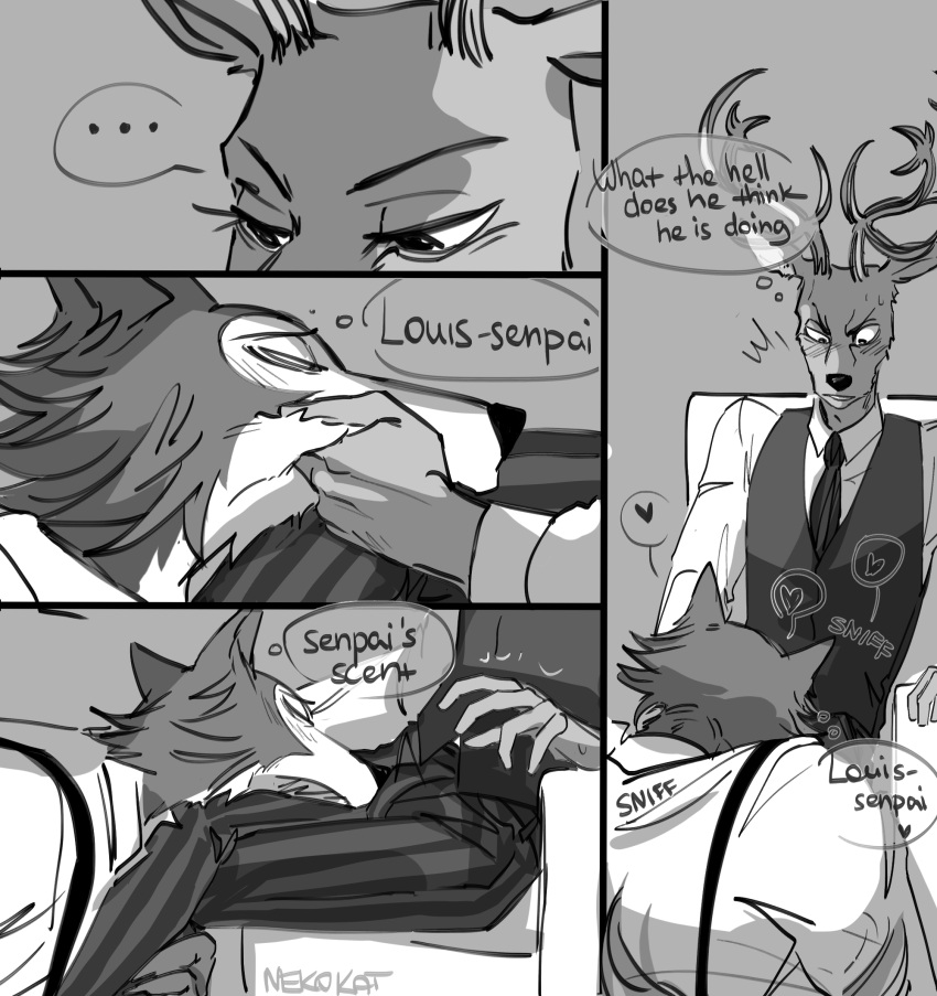 ... 10s 2019 5_fingers anthro anthro_on_anthro antlers beastars bedroom_eyes biped blush canid canine canis cervid cervine closed_eyes clothed clothing comic crotch_sniffing dress_shirt english_text eyelashes fingers fur greyscale head_grab heart hi_res horn legoshi_(beastars) long_eyelashes louis_(beastars) male male/male male_only mammal mane monochrome multicolored_body multicolored_fur musk narrowed_eyes necktie nekokat42 onomatopoeia red_deer seductive shirt signature size_difference small_dom_big_sub sniffing sound_effects surprise suspenders text thought_bubble topwear two_tone_body two_tone_fur vest watermark wolf