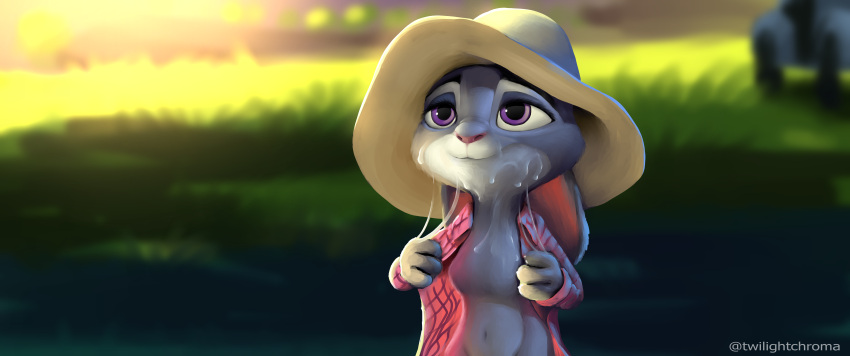 1girls absurd_res anthro bodily_fluids breasts clothed clothing cum cum_on_face digital_media_(artwork) disney female flat_chest fur genital_fluids grey_body grey_fur hat headgear headwear hi_res judy_hopps lagomorph leporid mammal purple_eyes rabbit smile solo twilightchroma widescreen zootopia