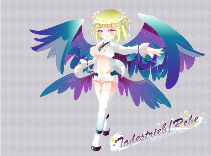 4_wings angel_wings areola_slip beatmania beatmania_iidx blonde_hair blue_wings blush erect_nipples female gokapon huge_breasts mars_symbol pink_eyes rche_(beatmania) short_hair shorts smile solo thighhighs wings