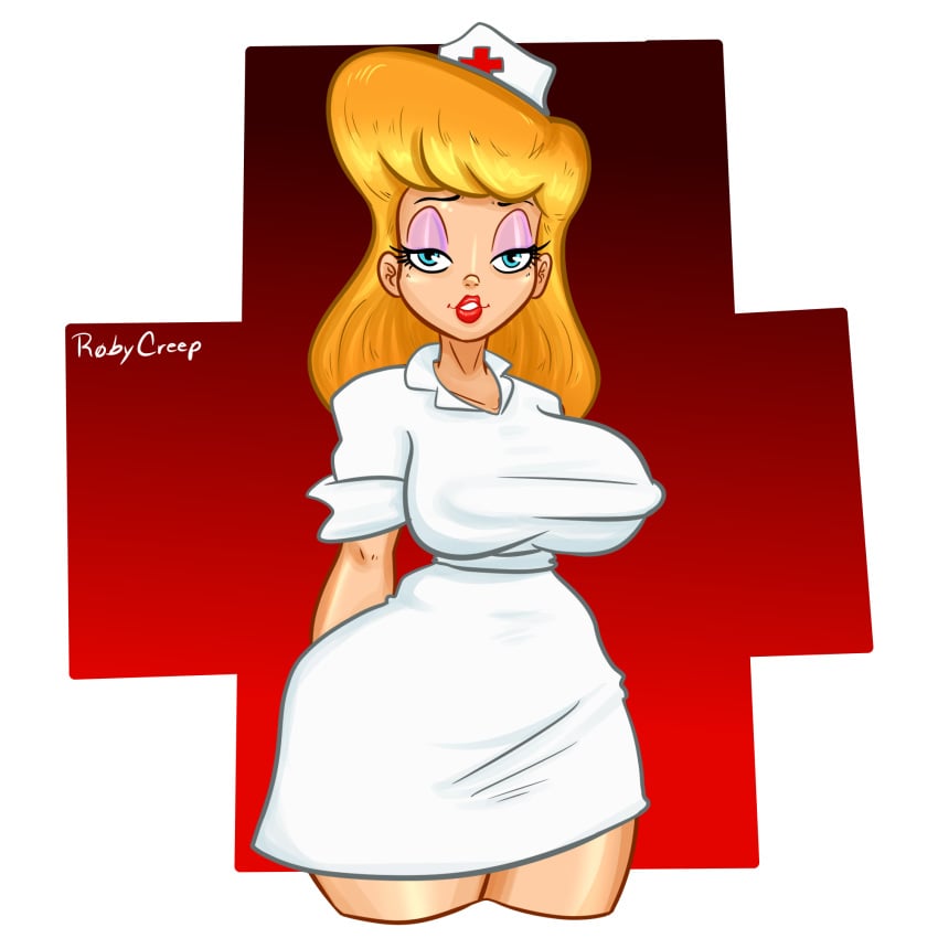 1girls animaniacs big_ass big_breasts big_butt blonde_hair blue_eyes breasts female female_only hello_nurse heloise_nerz human lipstick nurse nurse_uniform red_lipstick roby_creep