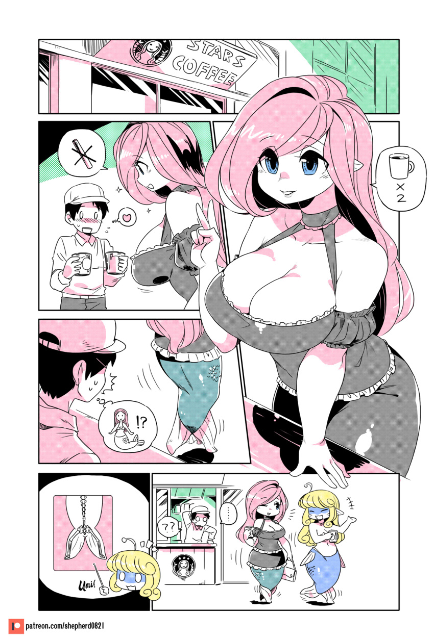 breasts cleavage female fish_tail huge_breasts humor male mermaid modern_mogal monster_girl original_character pink_hair shepherd0821 tagme what