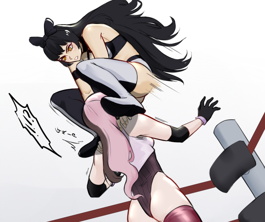 2girls arsonichawt blake_belladonna boots faunus neo_(rwby) rwby thigh_boots thighhigh_boots wrestling wrestling_boots