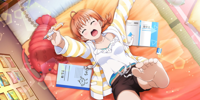 bed black_shorts blue_undershirt braids closed_eyes feet foot fully_clothed lobster_plush love_live! love_live!_sunshine!! notebook official_art open_mouth orange_hair pen pillow plushie shorts takami_chika textbook undershirt white_shirt