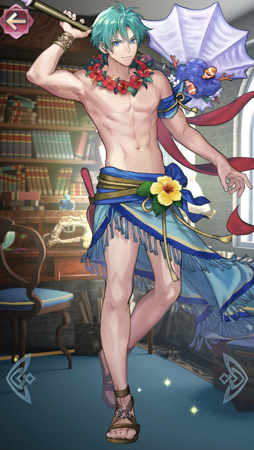 1boy axe bare_legs blue_eyes blue_hair blue_sarong codename_(user_mkxe3283) codename_edit edit ephraim_(fire_emblem) ephraim_(summer)_(fire_emblem) fire_emblem fire_emblem:_the_sacred_stones fire_emblem_heroes flower_wreath holding holding_axe legs looking_at_viewer male male_only naked_sarong nude nude_male official_alternate_costume sandals sarong smile