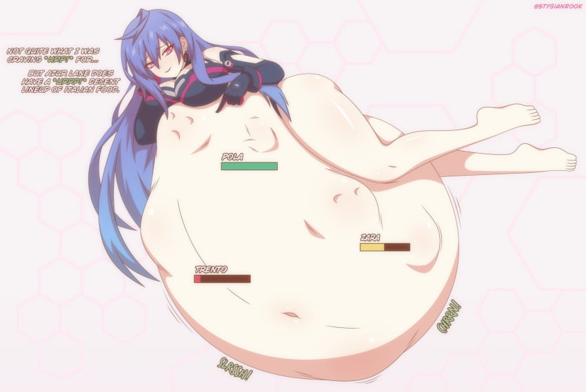 4girls azur_lane barefoot big_belly big_breasts blue_hair bra cleavage clothing crossover english_text female_only gloves health_bar iris_heart long_hair multiple_girls neptunia_(series) pola_(azur_lane) red_eyes stygianrook thick_thighs trento_(azur_lane) vore what zara_(azur_lane)