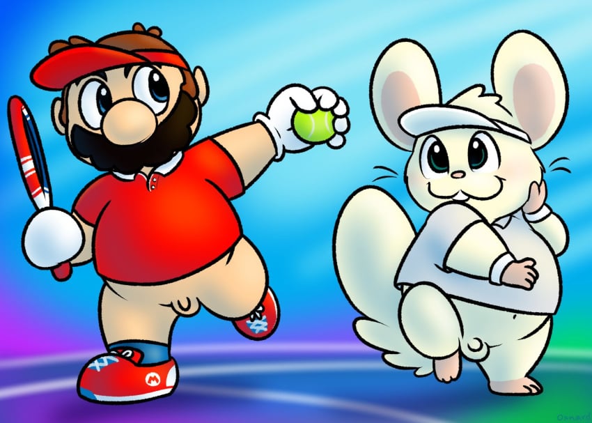 anthro ball barefoot black_mustache blue_clothing blue_eyes blue_footwear blue_socks bottomless brown_hair buckteeth bulge clothed clothing detailed_background duo facial_hair feet footwear fur genitals gloves green_eyes hair handwear hat headgear headwear human male male_only mammal mario mario_(series) mario_tennis moustache navel nintendo nishi_oxnard oxynard penis polo_shirt red_clothing red_footwear red_hat red_headwear red_polo_shirt red_shirt red_shoes red_topwear shirt shoes small_penis smile sneakers socks tan_body tan_fur teeth teeth_showing tennis_ball tennis_racket topwear video_games white_clothing white_hat white_headwear white_polo_shirt white_shirt white_topwear