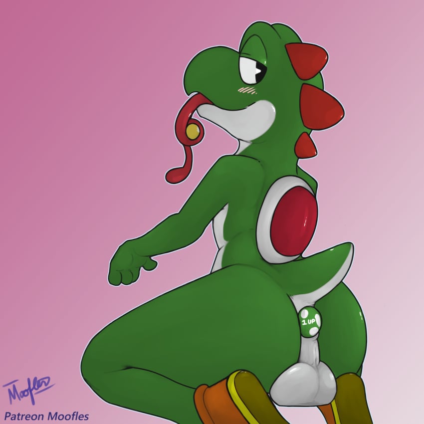 1-up_mushroom anthro ass balls blush buttplug clothing coin dinosaur footwear fungus genitals green_yoshi hi_res kneeling looking_back male male_only mario_(series) moofles123 mushroom nintendo reptile scalie sex_toy shell shoes super_mario_bros. tongue video_games yoshi