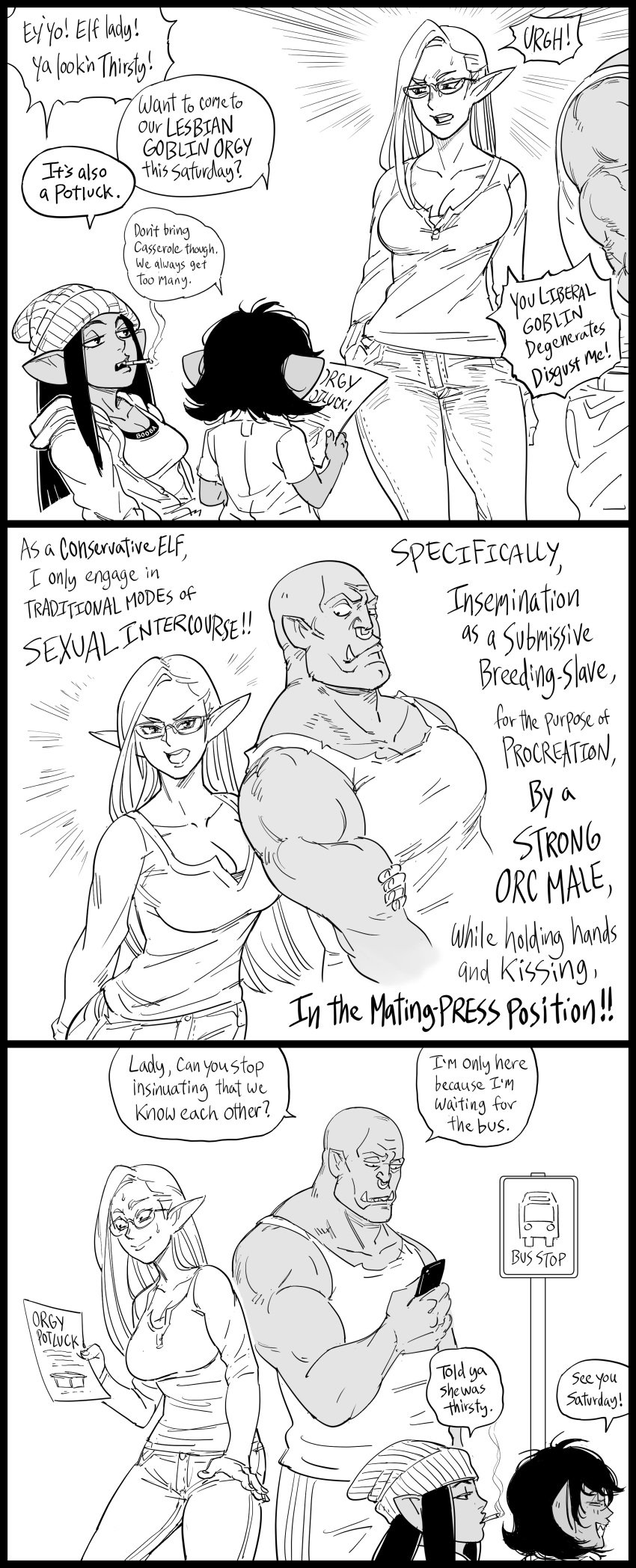 1boy 4girls absurd_res bb_(baalbuddy) comic_strip dialogue elf elf_female english_text female funny goblin goblin_female light-skinned_female light_skin male monochrome orc orc_male politics speech_bubble tagme thirsty three_panels white_background