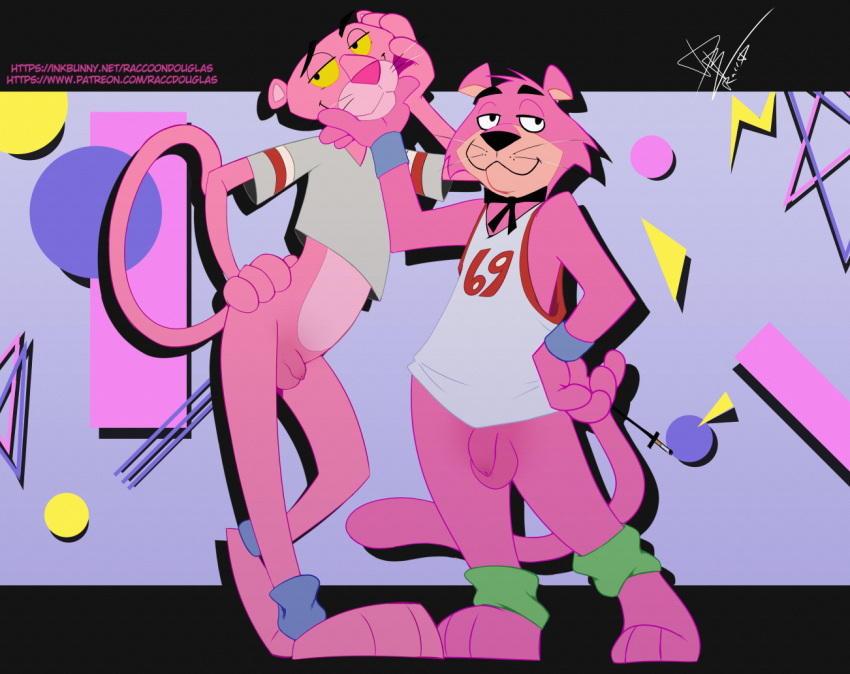 2boys anthro black_nose bottomless bowtie cigarette_holder crop_top duo feline flaccid hand_on_chin hand_on_hip leg_warmers looking_at_viewer male male_only panther pantherine penis penis_size_difference pink_fur pink_nose pink_panther pink_panther_(series) presenting raccoondouglas small_penis snagglepuss tail tank_top whiskers