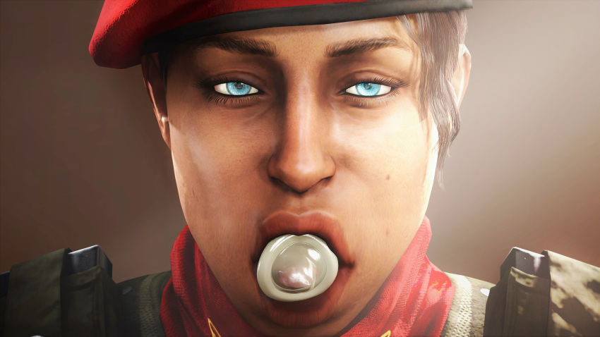 1girls 3d akatomasu alibi_(rainbow_six) arabian bandana bandana_on_neck beret blue_eyes brown_hair condom condom_in_mouth condom_mouth_application eye_contact female female_focus female_only hat light-skinned_female light_skin lips looking_at_camera looking_at_viewer military military_hat mouth open_mouth rainbow_six rainbow_six_siege romantic scarf soldier source_filmmaker tom_clancy