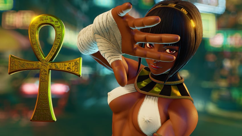 1girls 3d black_hair choker dark-skinned_female dark_skin egyptian female female_only green_eyes khaledantar666 menat nakikawa outside petite short_hair solo street_fighter street_fighter_v video_games wraps