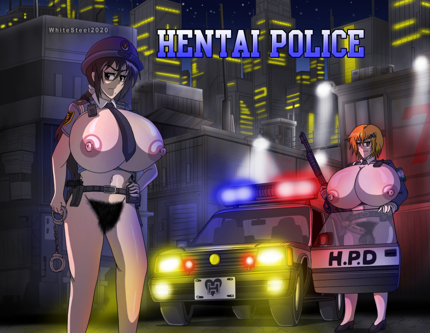 1futa 1girls big_breasts big_penis black_hair car excessive_pubic_hair female futanari intersex large_breasts police police_uniform pubic_hair whitesteel