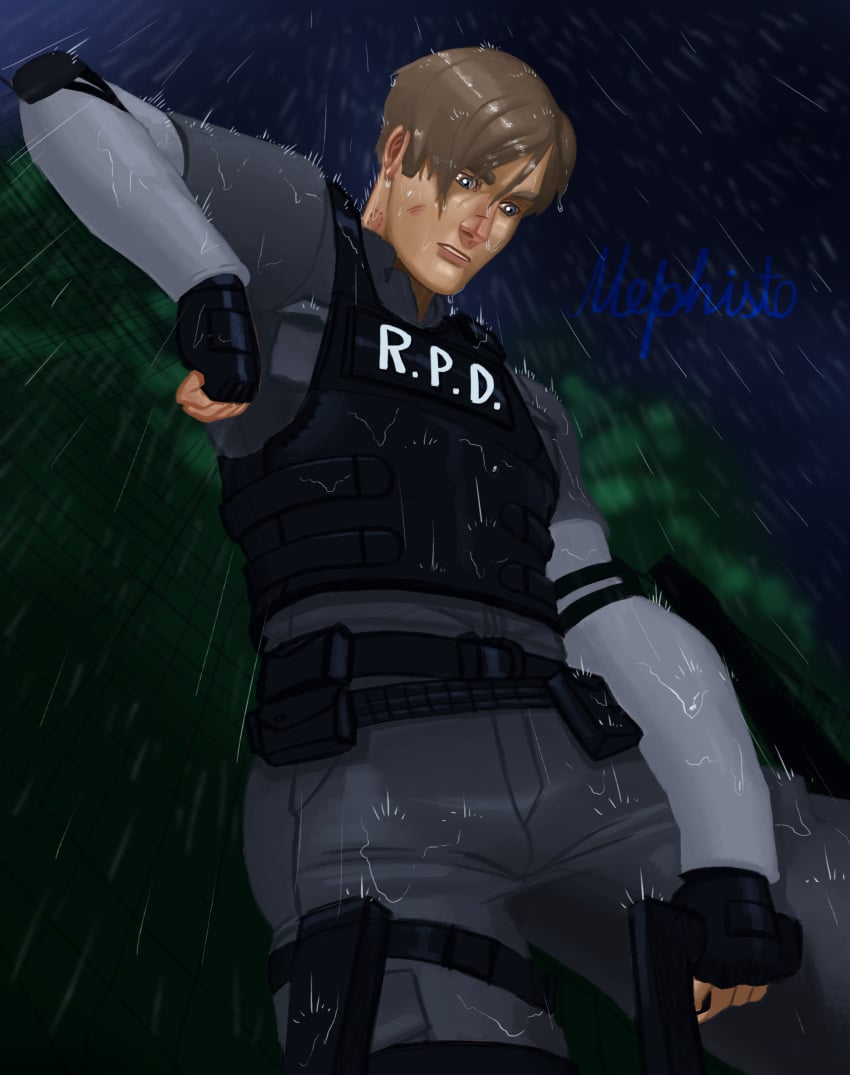 1boy bara capcom human human_only leon_scott_kennedy male male_only mephisto mephisto(artist) muscular police_uniform rain resident_evil resident_evil_2 resident_evil_2_remake