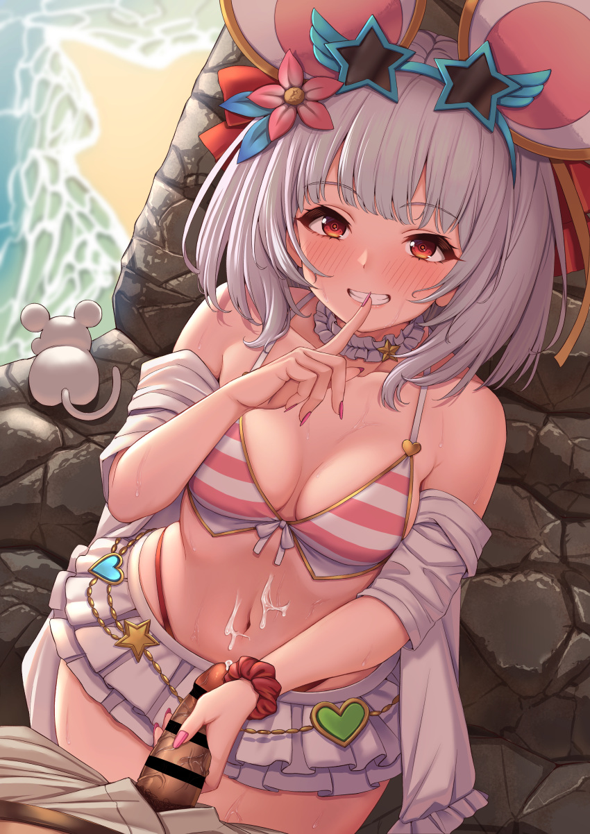 1boy absurdres animal_ears beach bikini blush breasts clothed_sex cum_on_stomach eyebrows_visible_through_hair fake_animal_ears female finger_to_mouth frilled_skirt frills granblue_fantasy grin highres medium_breasts miniskirt momo_no_sukebe mouse_ears navel outdoors penis pink_nails pov rat red_eyes reverse_grip short_hair shushing skindentation skirt small_penis smile straight swimsuit veins veiny_penis vikala_(granblue_fantasy) white_hair