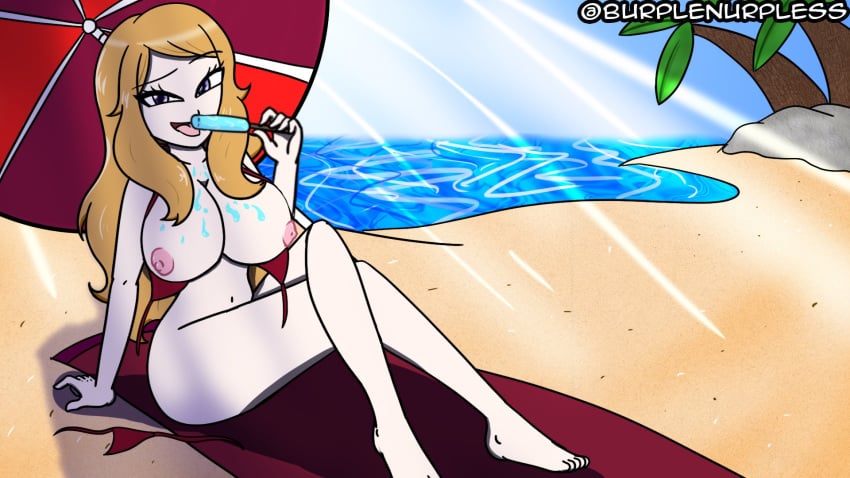 barefoot beach beach_towel beach_umbrella big_breasts blonde_hair blue_eyes burplenurpless feet licking_ice_cream long_hair nintendo nipples outdoors pokemon pokemon_xy serena_(pokemon) serena_(pokemon_games) showing_breasts sole_female toes video_games water