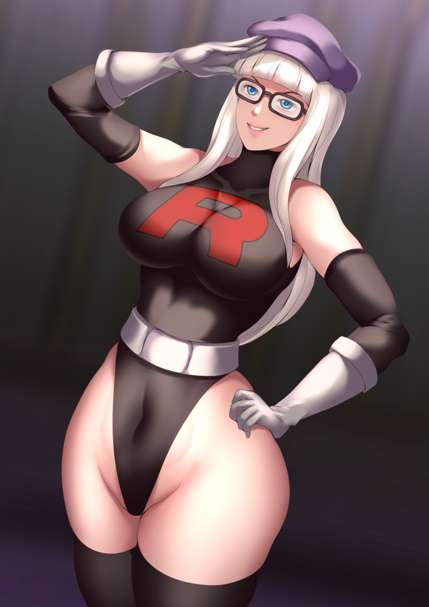 blue_eyes evil_smile glasses haryudanto jaclyn_(corruptionprincess) ladyboots_(vtuber) latex leotard opera_gloves pokemon salute team_rocket virtual_youtuber vtuber white_hair