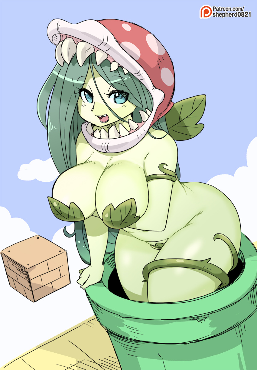 1girls anthro big_breasts breasts chubby cleavage cute_fang female female_only green_hair green_skin humanized long_hair mario_(series) nintendo open_mouth piranha_plant plant_girl shepherd0821 sky solo standing super_mario_bros. thick thighs