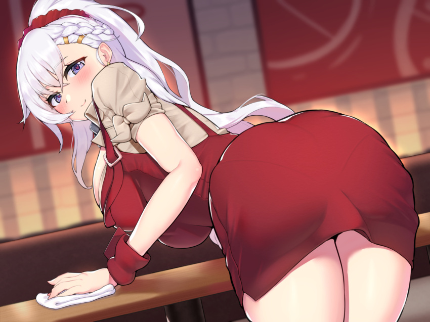 1girls ass azur_lane back_view bangs belfast_(azur_lane) belfast_(piping-hot_perfection)_(azur_lane) blue_eyes blush breasts clothed clothed_female earrings female female_focus hair_ornament hairband heart-shaped_pupils leaning_forward light-skinned_female light_skin long_hair looking_at_viewer pantylines pencil_skirt red_skirt royal_navy_(azur_lane) ushimittsu waitress white_hair