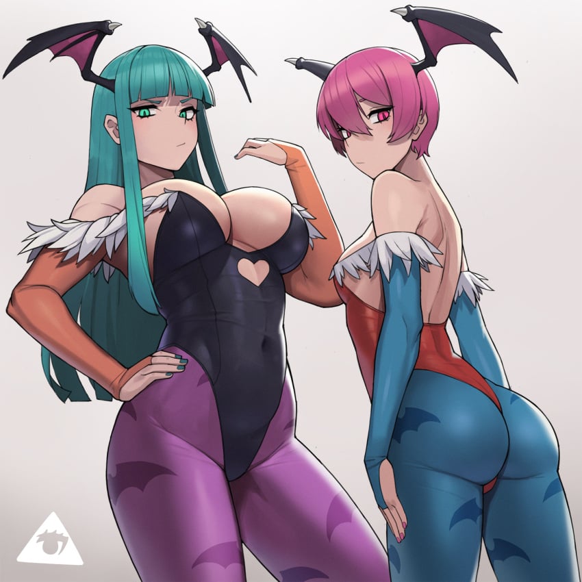 2girls ass bangs bat_print blue_pantyhose blunt_bangs breast_size_difference capcom cleavage clothing darkstalkers demon_wings donburikazoku elbow_gloves female female_only flat_chest green_eyes green_hair green_nails grey_background hand_on_hip head_wings heart_shape hi_res leotard lilith_aensland long_hair looking_at_viewer medium_breasts morrigan_aensland pantyhose pink_hair pink_nails pose purple_pantyhose short_hair simple_background sisters slit_pupils succubi succubus teal_hair very_short_hair wings