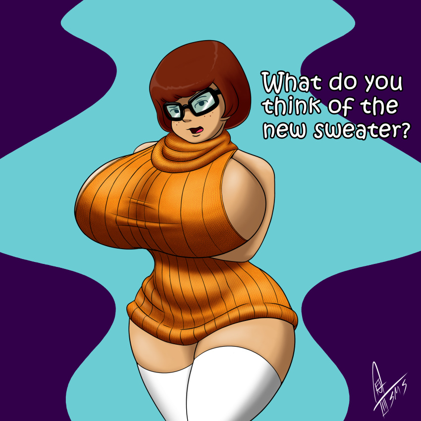 1girls arms_crossed big_breasts breasts brown_hair clothed curvy female female_focus female_only freckles glasses hanna-barbera large_breasts looking_at_viewer orange_sweater scooby-doo short_hair solo supermoonshroom sweater text thighhighs thighs turtleneck velma_dinkley virgin_killer_sweater voluptuous watermark white_thighhighs wide_hips