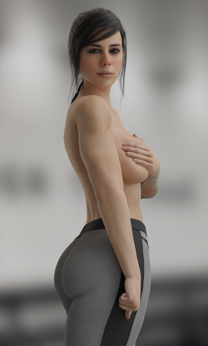 1girls 3d activision ass black_hair braided_ponytail butt call_of_duty covering covering_breasts dat_ass emberstock female female_only holding_breast latina looking_at_viewer mara_(cod) muscular muscular_female ponytail skindentation solo tattoo topless triceps venezuelan yoga_pants