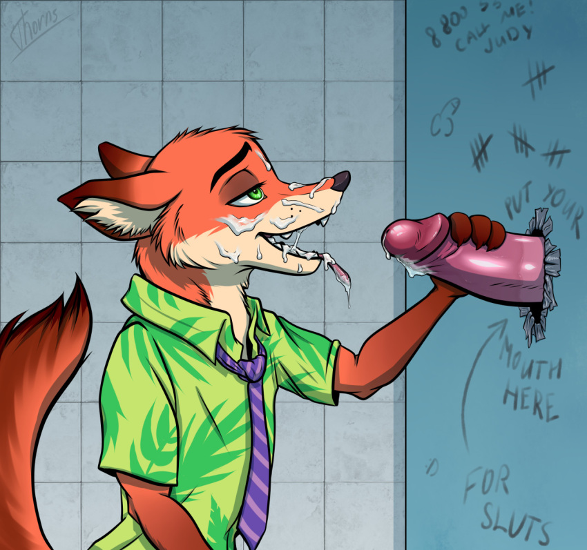 2boys anthro bathroom bodily_fluids canid canine clothed clothing cum cum_in_mouth cum_inside cum_on_face cum_on_tongue darkthorns disney duo english_text erection fox fur gay genital_fluids genitals glory_hole green_eyes hand_on_penis handjob hi_res male male/male male_only mammal necktie nick_wilde open_mouth orange_body penis public public_restroom restroom_stall shirt tally_marks text tongue tongue_out topwear yaoi zootopia