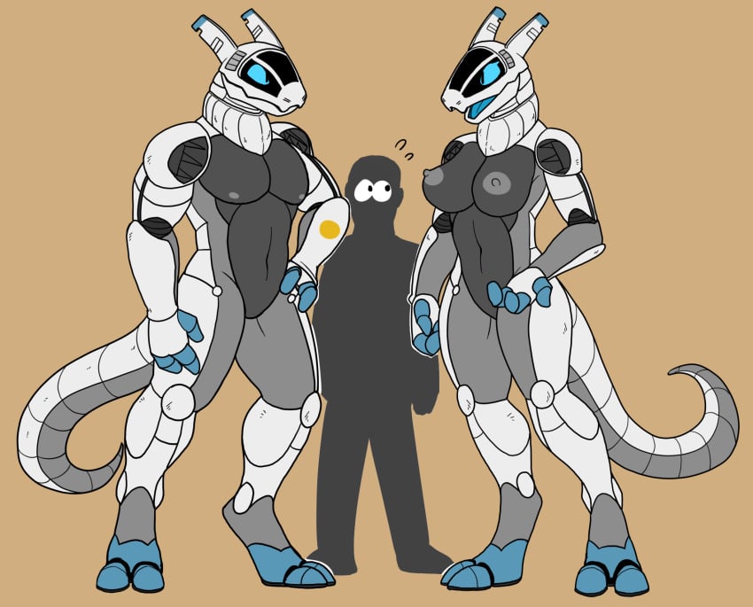 2021 2_toes 3_fingers 60percentscalie anthro breasts digitigrade featureless_crotch feet female fingers hi_res human male mammal nipples simple_background standing synth_(vader-san) toes trio