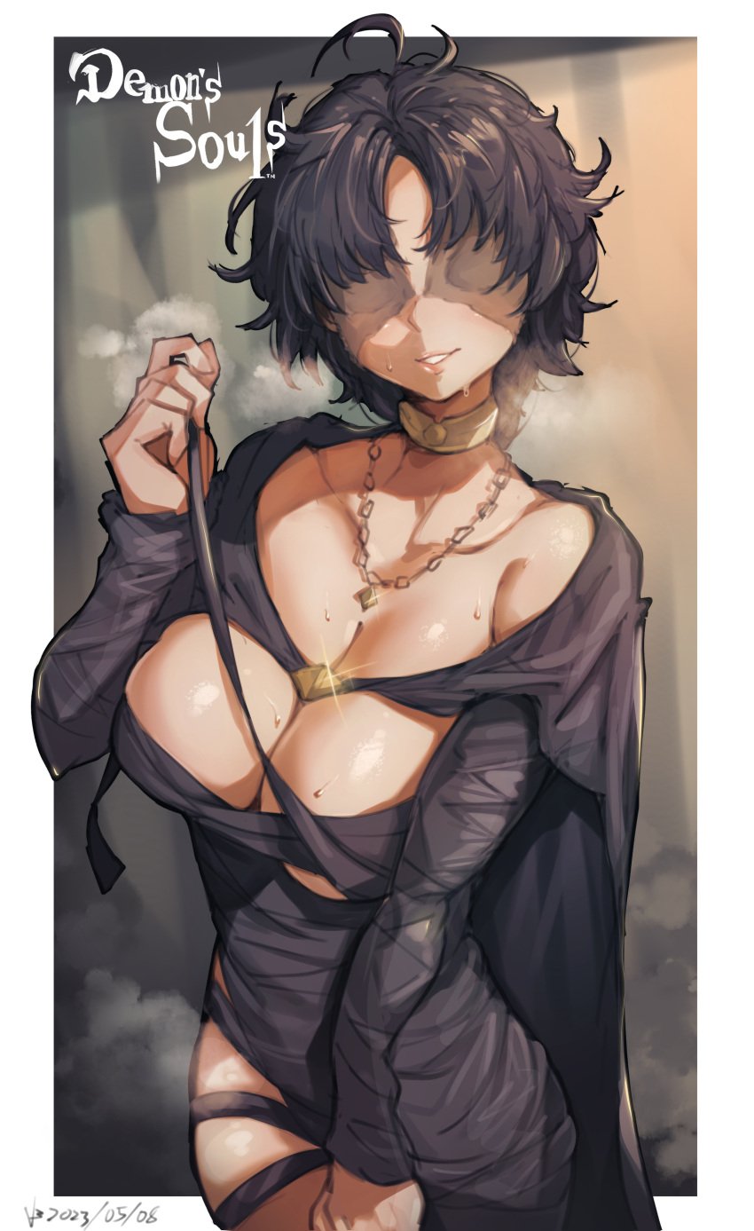 1girls amulet big_breasts blind blind_girl breasts choker cleavage collar covered_eyes curvaceous curvy curvy_female demon's_souls female female_only fromsoftware huge_breast huge_breasts iparuputsua large_breasts maiden_in_black massive_breasts messy_hair necklace short_hair sweat sweating wax wax_on_eyes