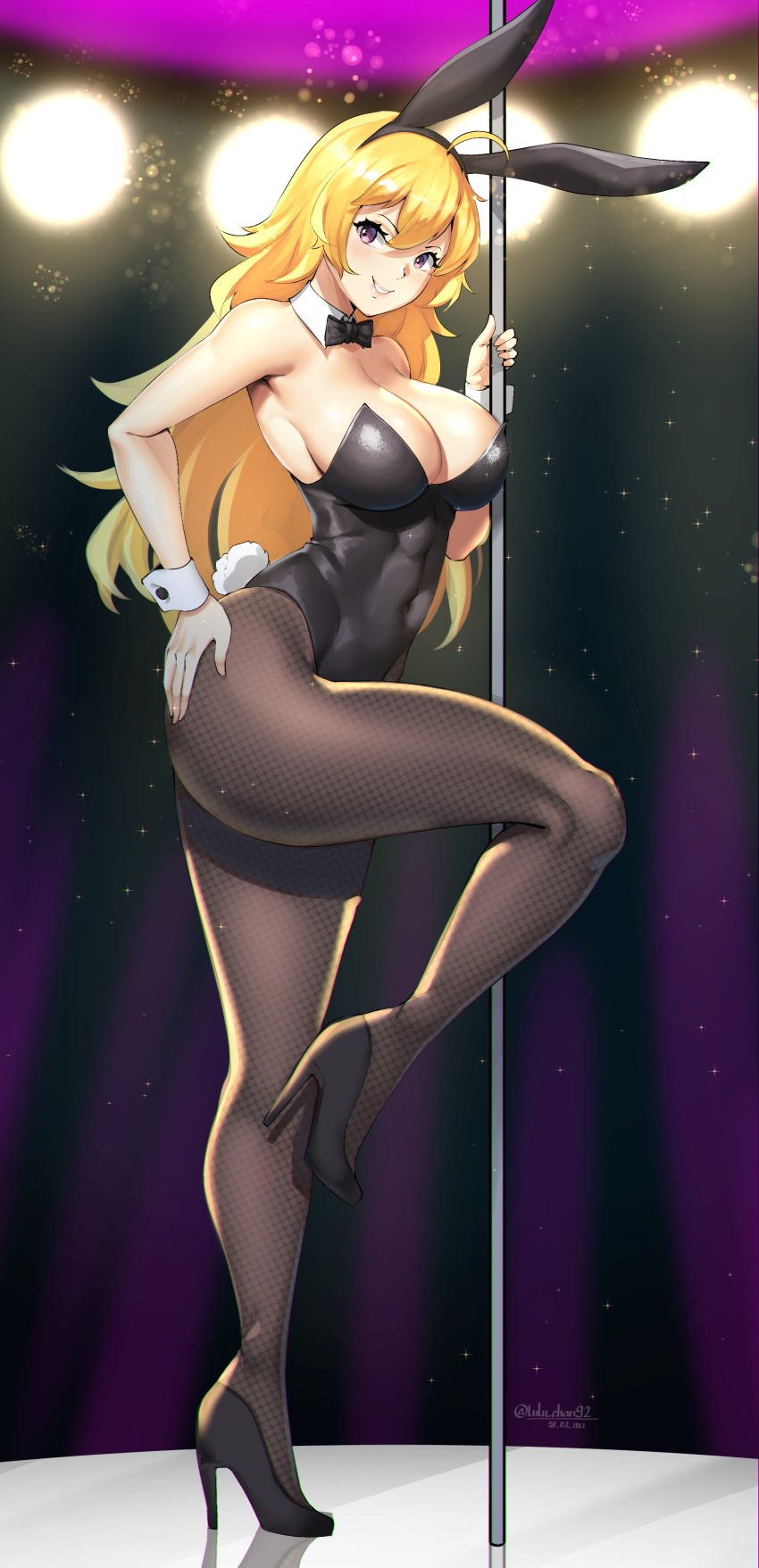 1girls blonde_hair bunny_ears bunny_girl bunnysuit cleavage clothed_female female female_focus hand_on_ass high_heels highres holding_object large_breasts leg_up leotard long_hair lulu-chan92 pantyhose pinup playboy_bunny purple_eyes rwby slutty_outfit slutty_teenager smile solo stripper_pole teen_stripper teenage_girl teenager very_long_hair voluptuous_teen yang_xiao_long