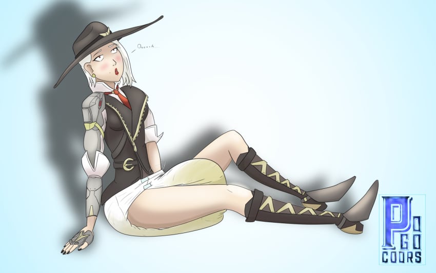 2d ashe_(overwatch) blizzard_entertainment boots diaper female female_focus female_only hand_in_diaper hat knee_boots masturbation overwatch peeing peeing_self pogocoors simple_background solo solo_female solo_focus watersports wet_diaper wetting white_background white_hair