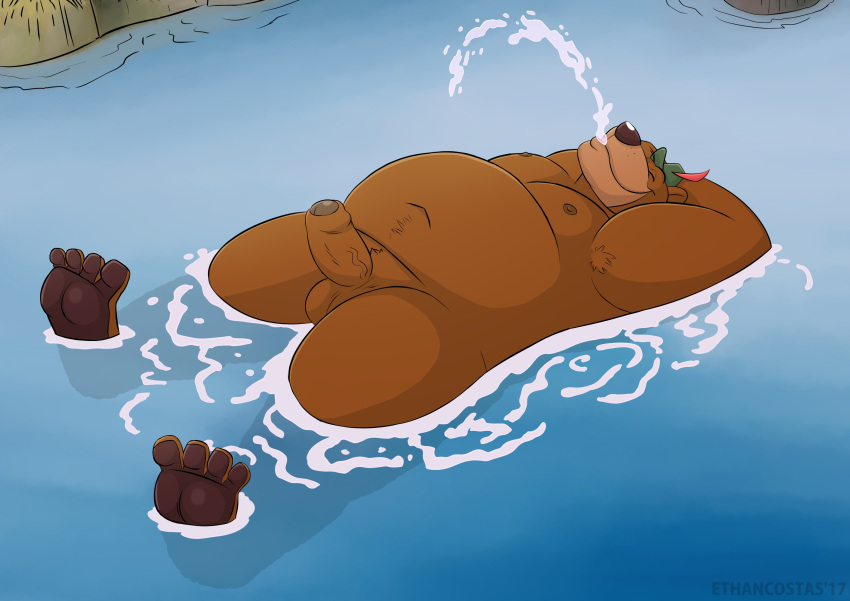 1boy anthro balls brown_bear chubby_male closed_eyes clothing disney ethancostas feet floating foreskin genitals hands_behind_head hat headgear headwear hi_res humanoid_feet humanoid_genitalia humanoid_penis little_john male male_only mammal nude pecs penis relaxing robin_hood_(disney) slightly_chubby solo toes ursid ursine water