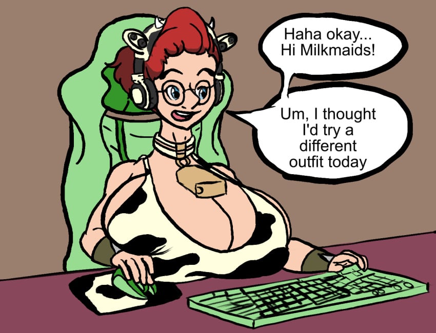 aurelia_augustus bikini_top breast_expansion cosmicdairy cow_print cowbell glasses questionable_content red_hair streaming