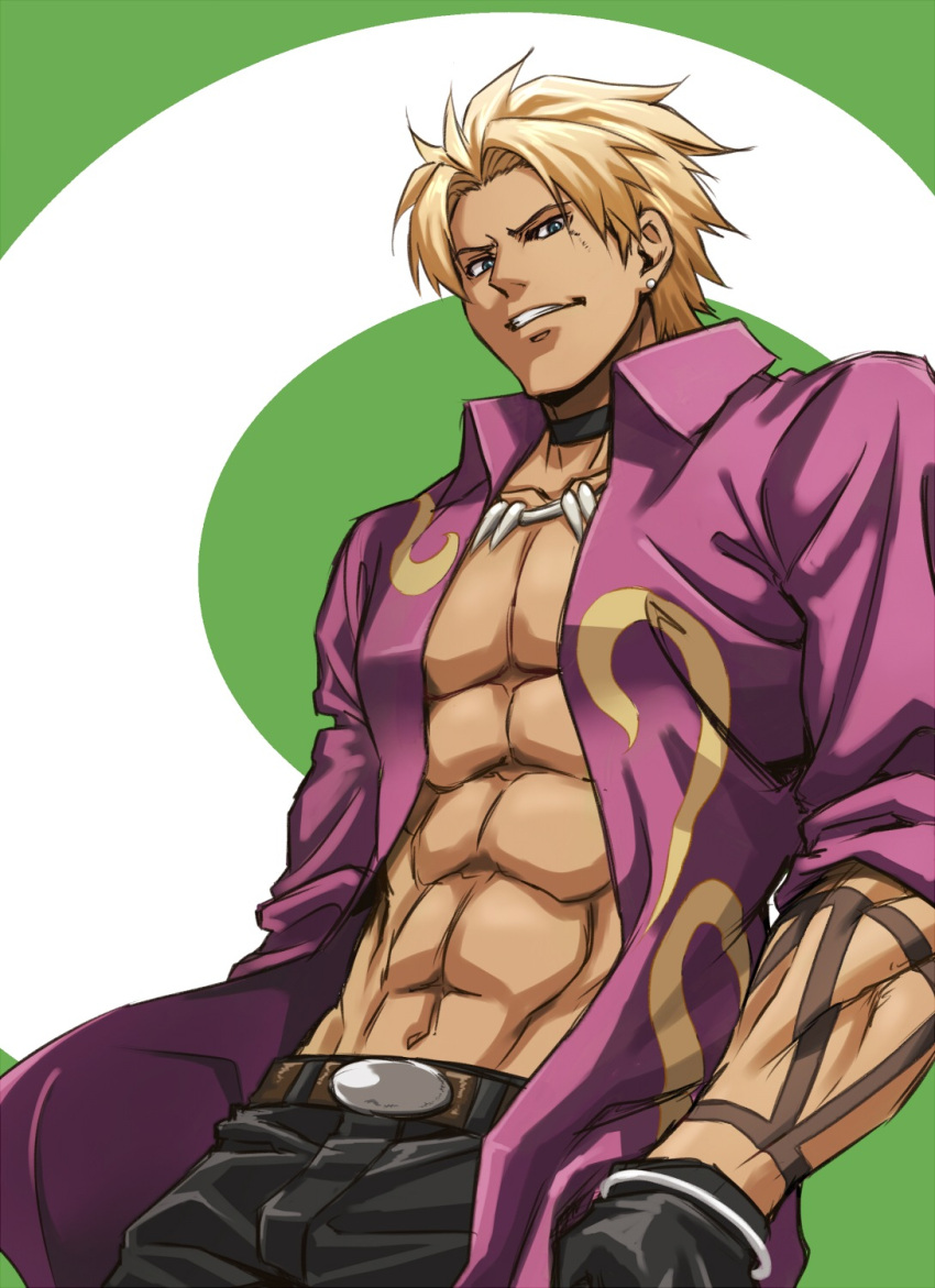 1boy blonde_hair earrings gloves grin human human_only jacket jeans king_of_fighters looking_at_viewer male male_only muscular muscular_male necklace shen_woo solo_male tagme unknown_artist